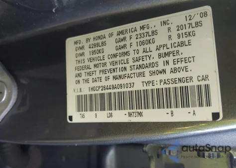 2009 Honda Accord Lxp from USA, damaged, VIN 1HGCP26449A091037